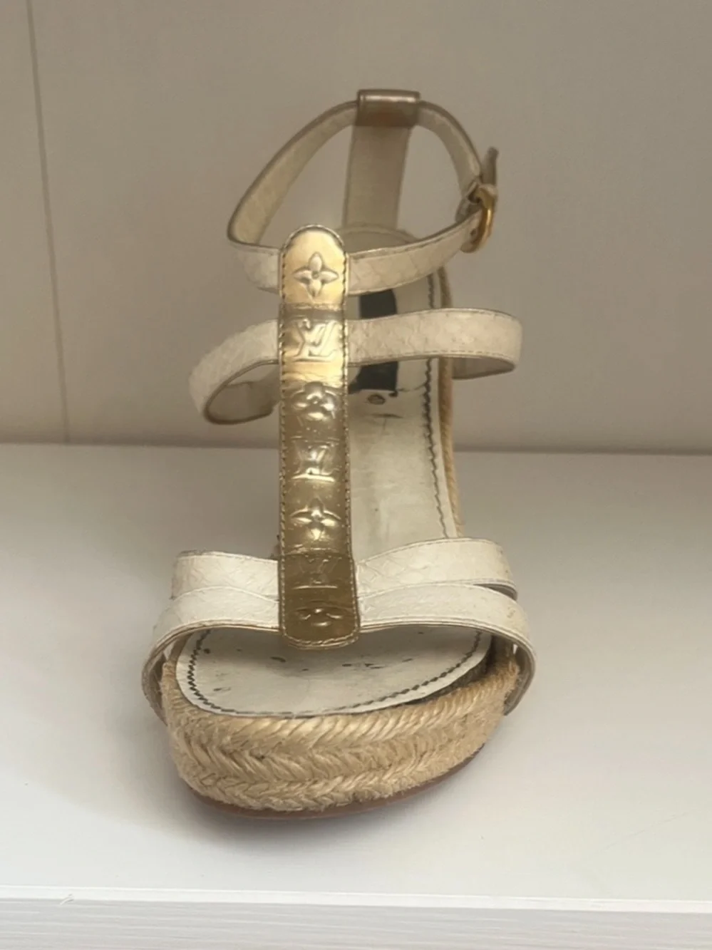 Louis Vuitton White and Gold Espadrille Wedge Sandals 6